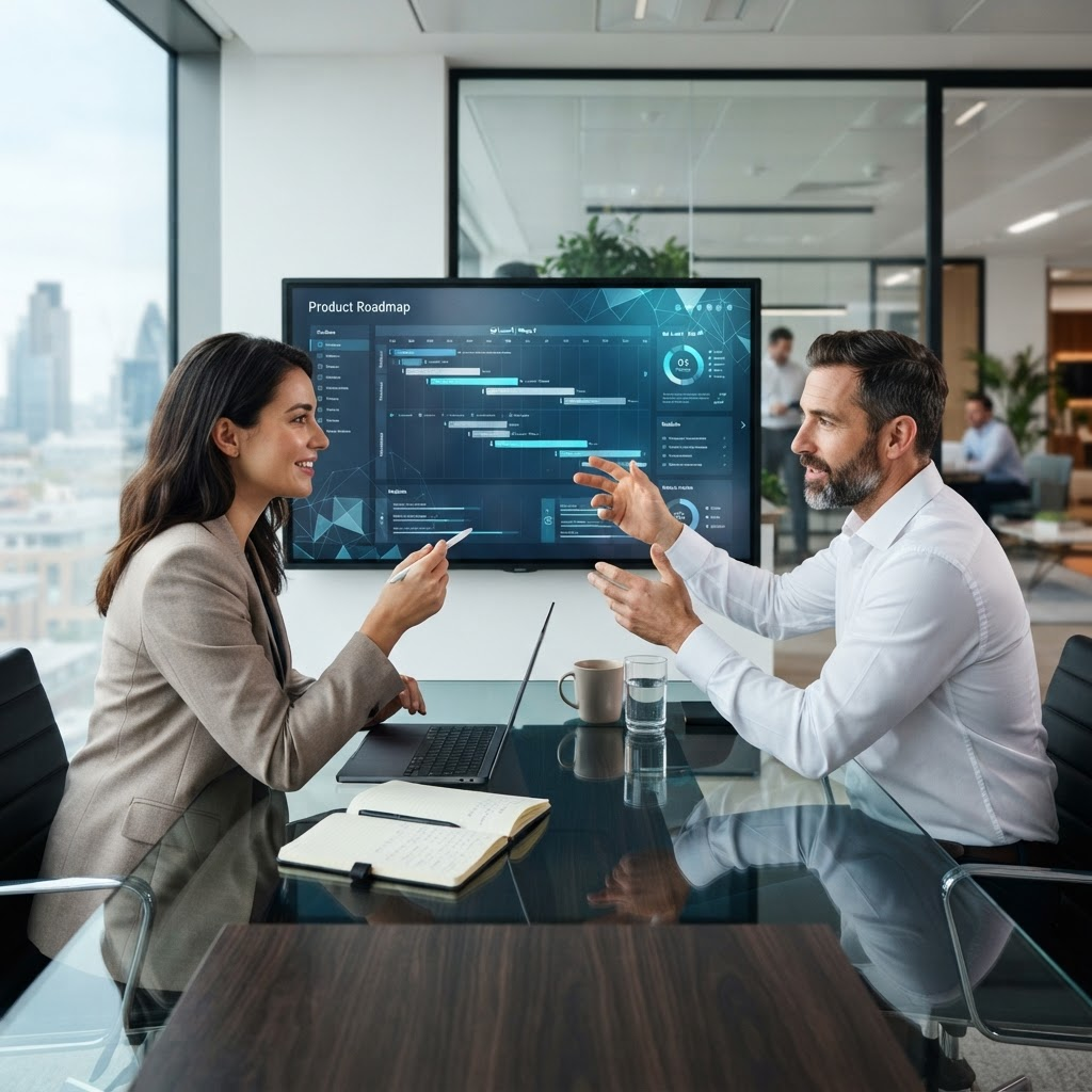 Business leaders discussing a digital product roadmap
