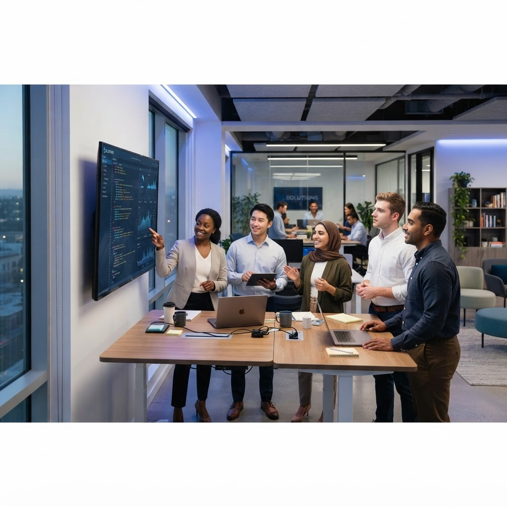 Technology team collaborating in a modern office