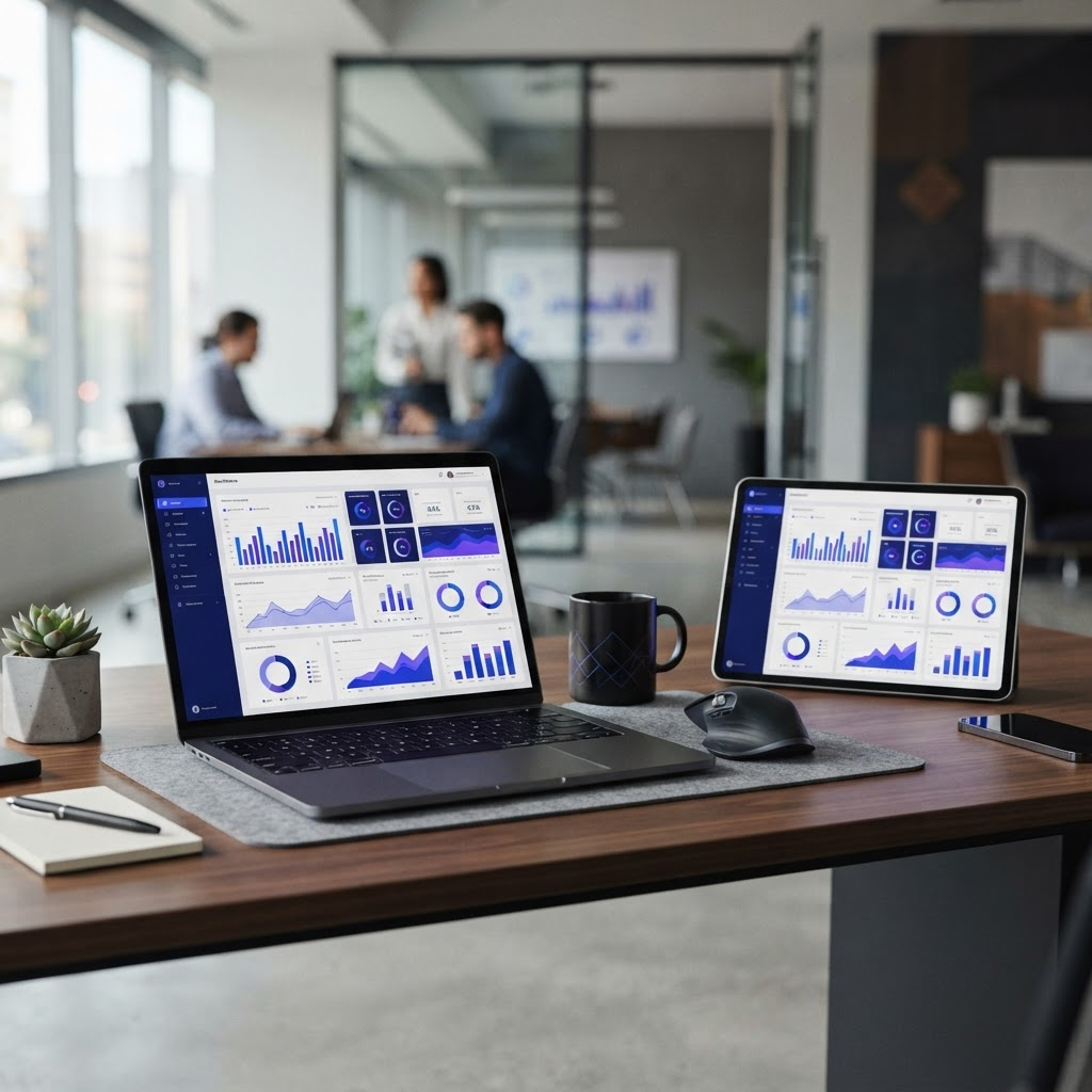 Business intelligence dashboard on a laptop and tablet